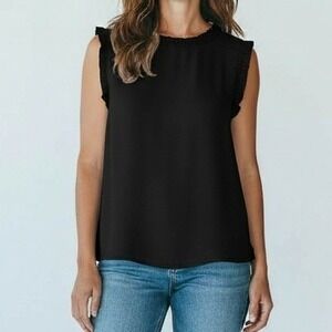 J.Crew Top Women 10 Black Ruffle Neck Sleeveless Tie Back Blouse Chic Preppy